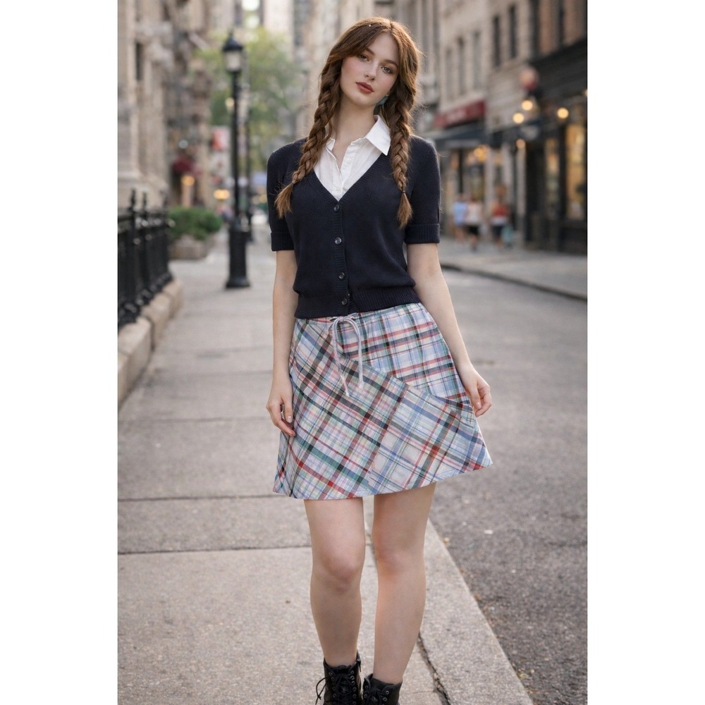VTG Tommy Jeans Madras Plaid Mini Skirt M Blue Y2K Low Rise Coastal Preppy 2000s